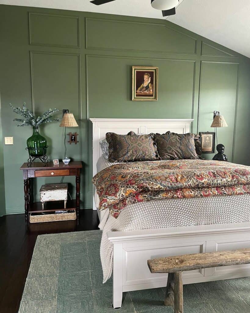 Sage Green Bedroom With Vintage Bed Cover