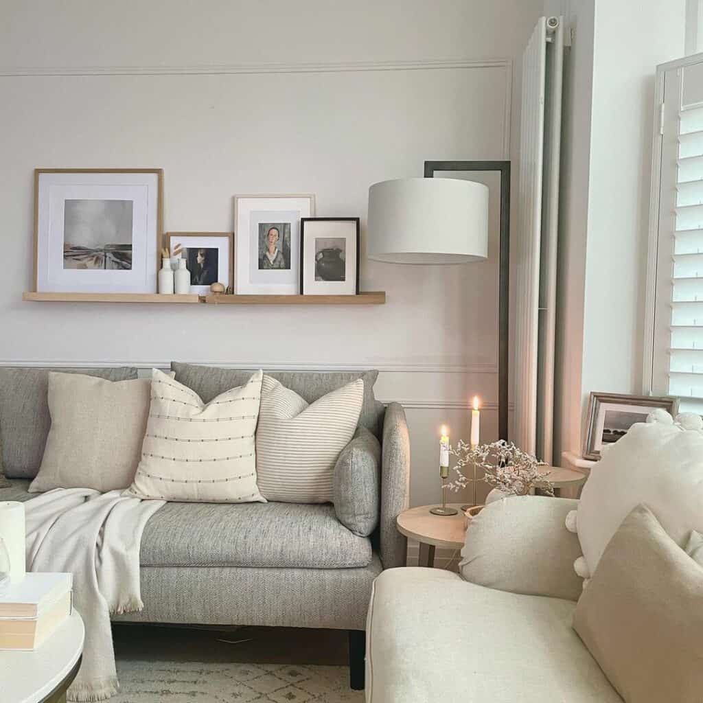 Shaded Floor Lamp and Wood Shelves