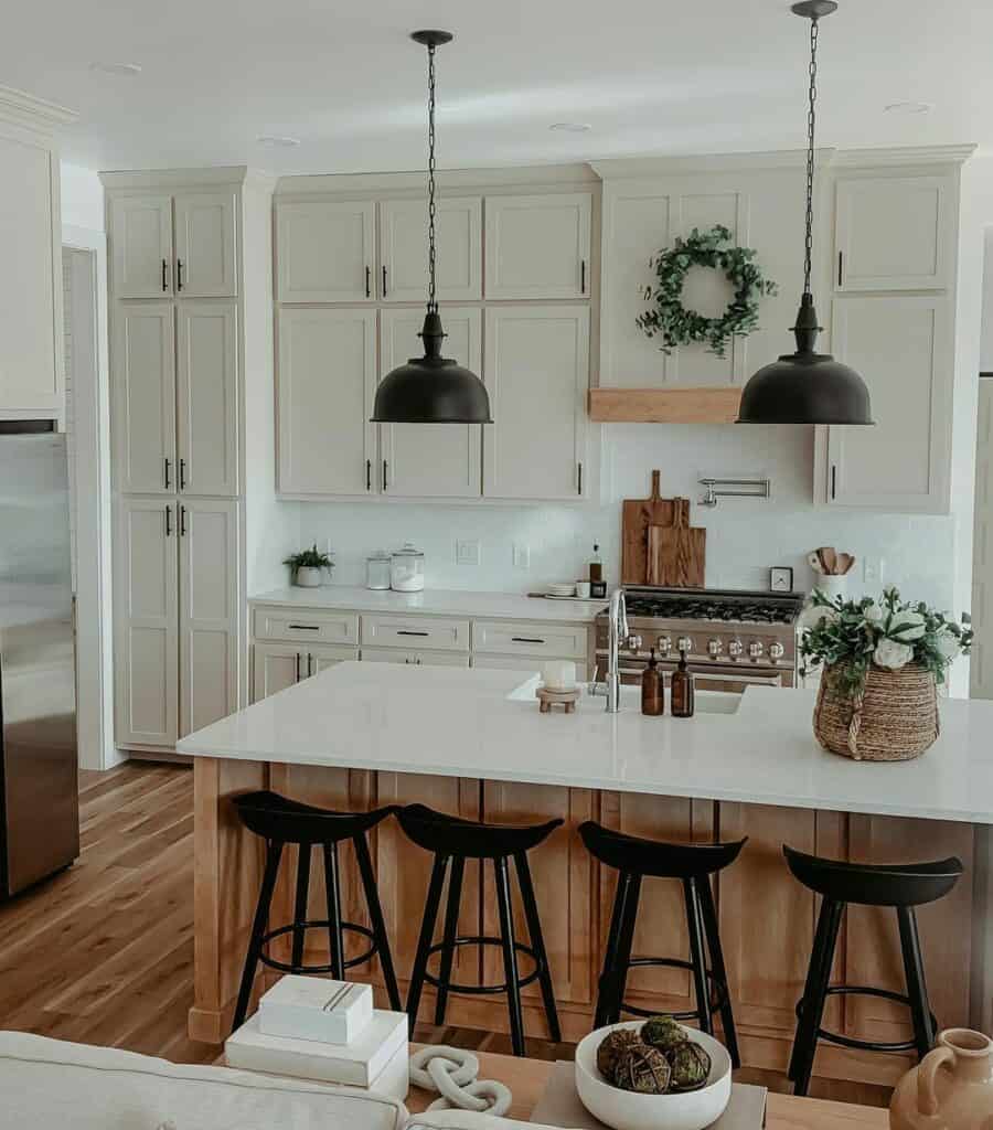 Shaker Cabinets and Black Pendant Lighting