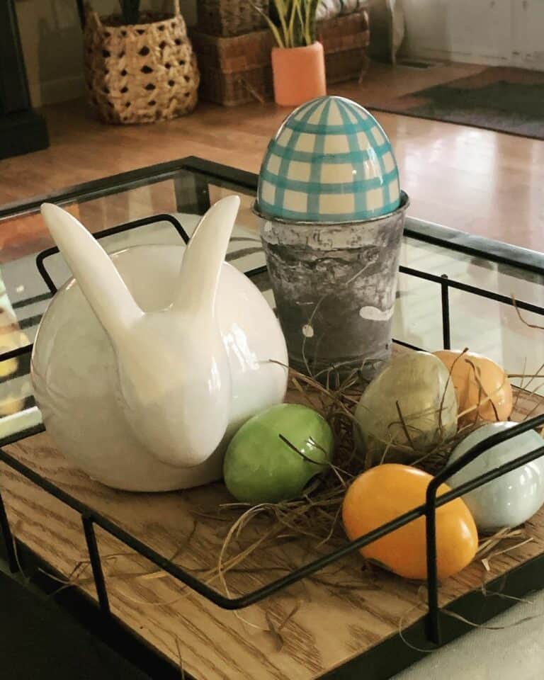 Shiny White Rabbit Centerpiece With Colorful Eggs