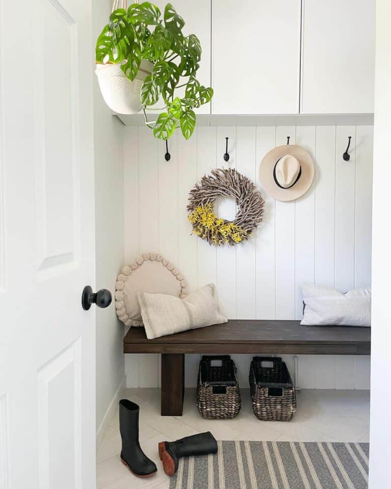 Shiplap Mudroom Built-in Storage Wall With a Bench