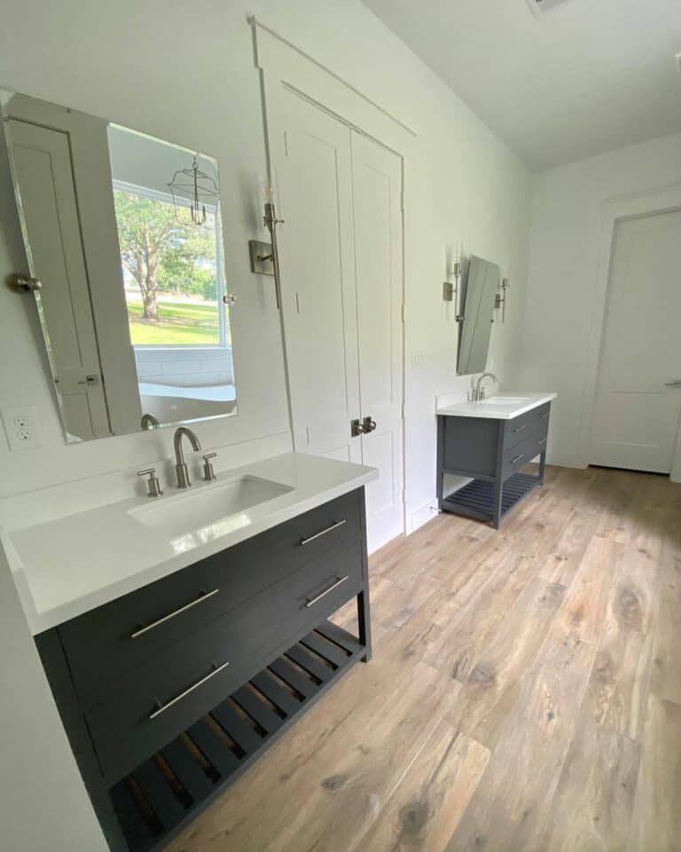 Simple Modern Bathroom With Peppercorn Vanities