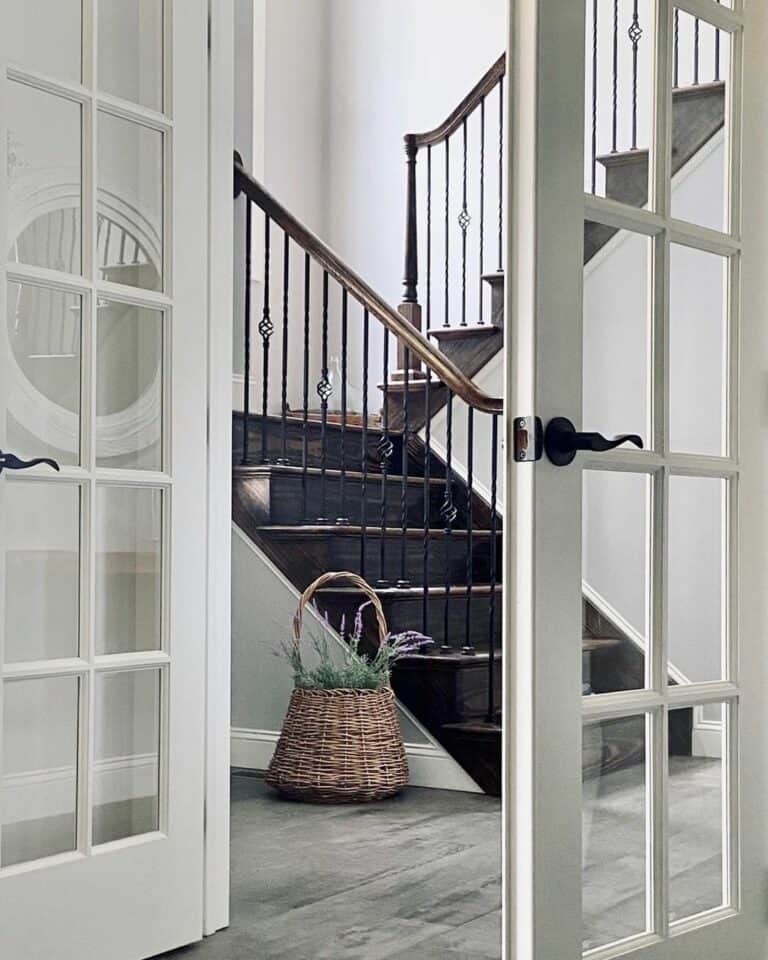 Simple Modern Staircase With Wrought Iron Spindles