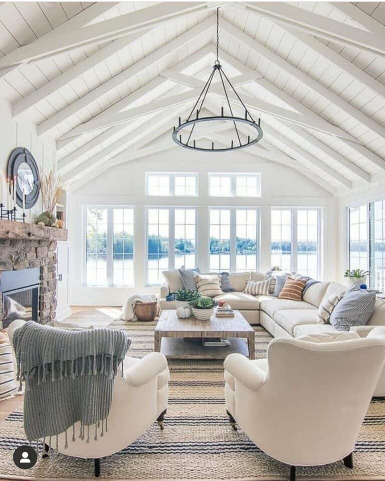Sloping Bright White Ceiling With a Black Steel Chandelier