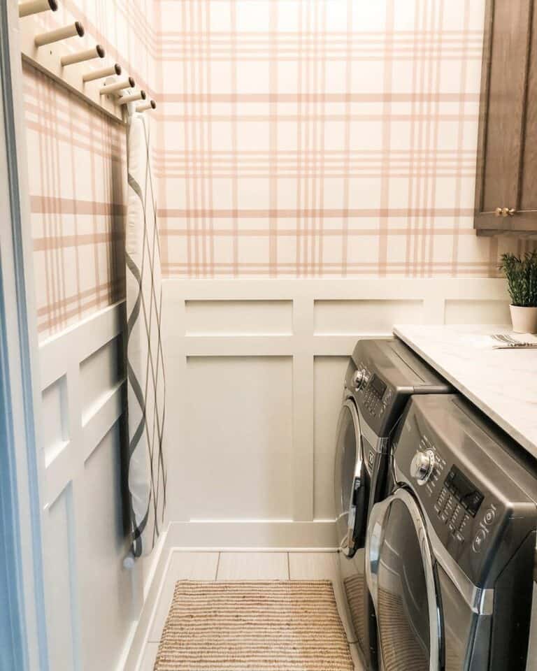 Small Laundry Room With Plaid Wallpaper