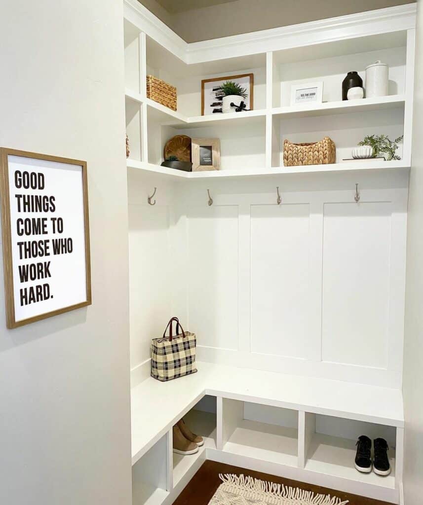 Small Modern Farmhouse Mudroom With Built-in Storage