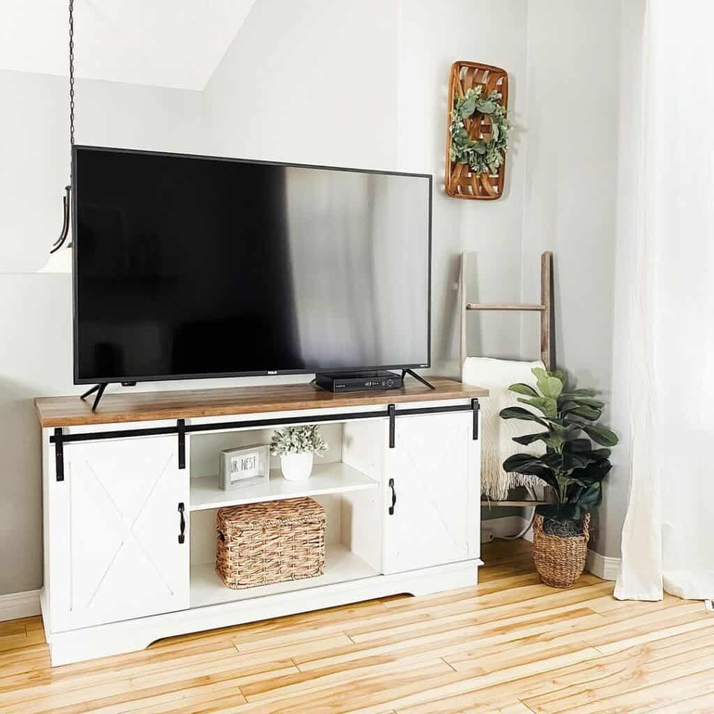 Small White Minimalist TV Entertainment Center With Farmhouse Décor