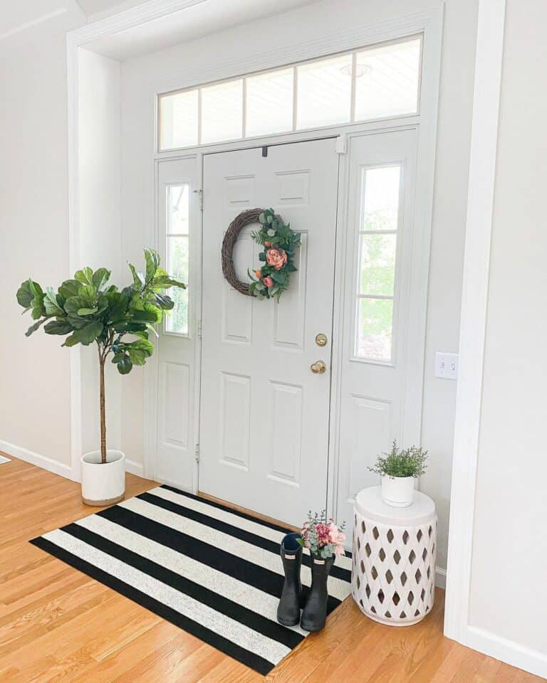 Sophisticated Planters With Striped Mat Entryway