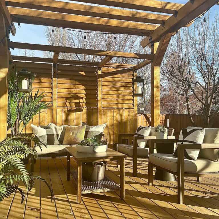 Stained Pergola With Wood Patio Furniture