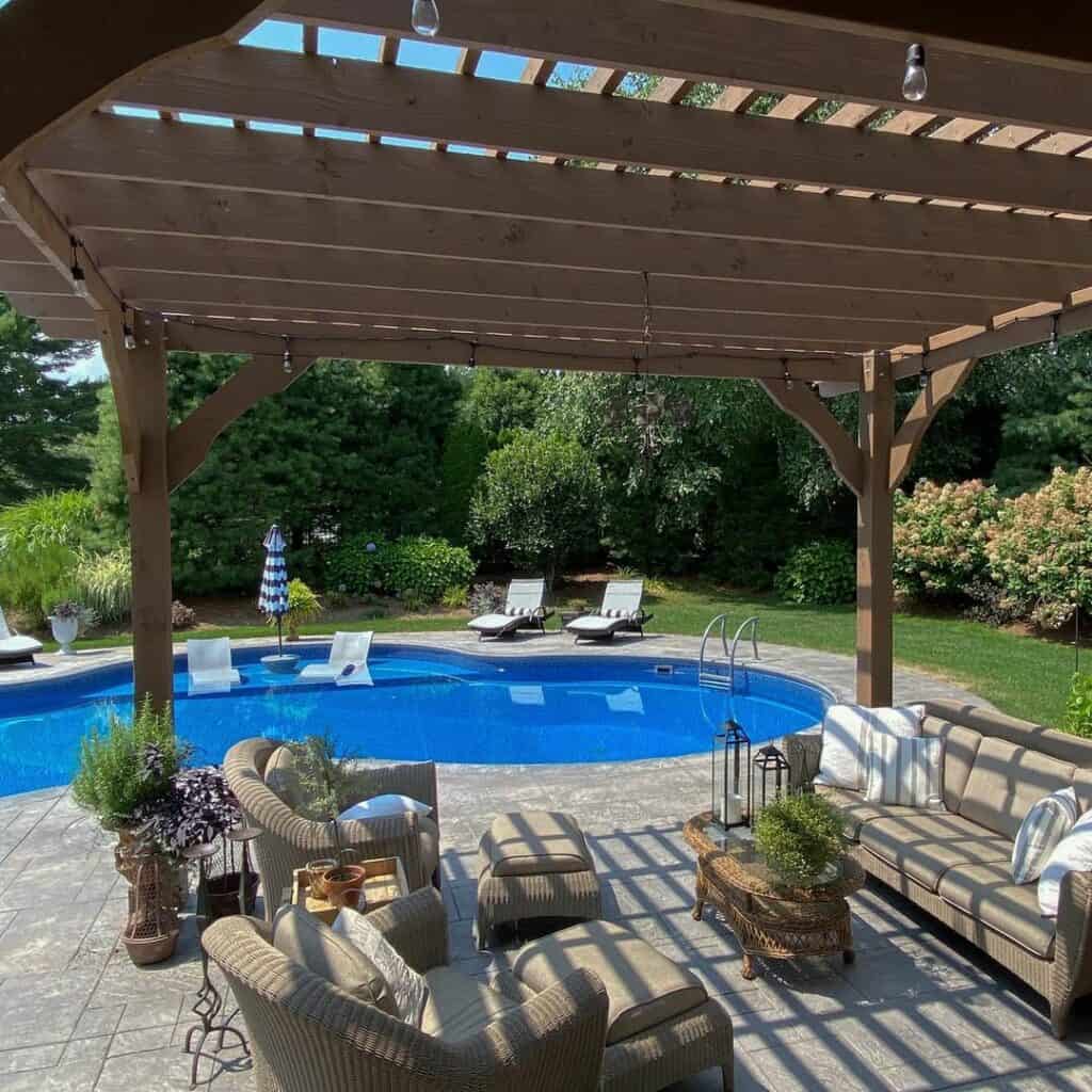 Stained Wood Backyard Pergola With Swimming Pool