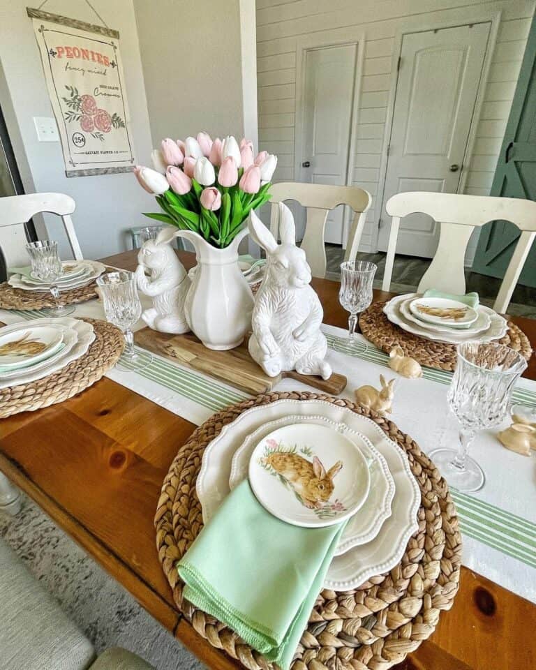Stained Wood Dining Table With Easter Tableware
