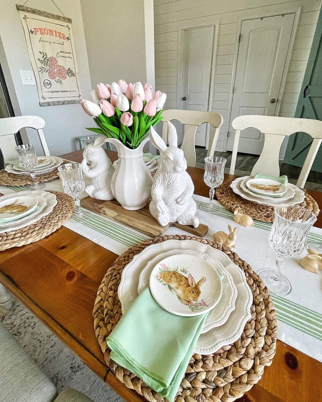 Stained Wood Dining Table With Easter Tableware Soul & Lane