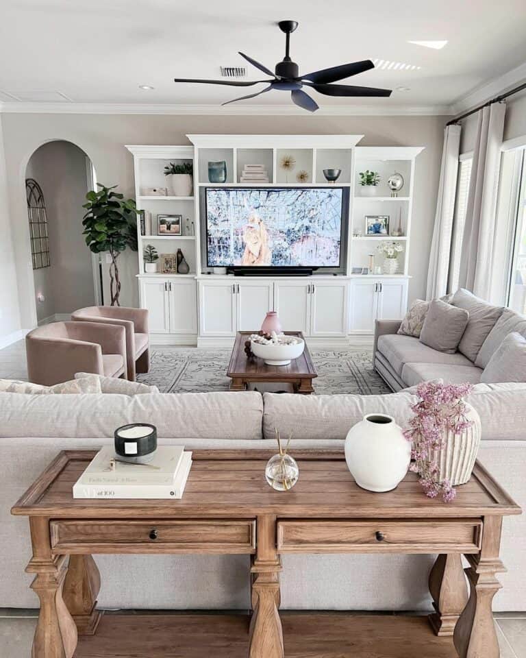 Stained Wood Sofa Table With Drawers