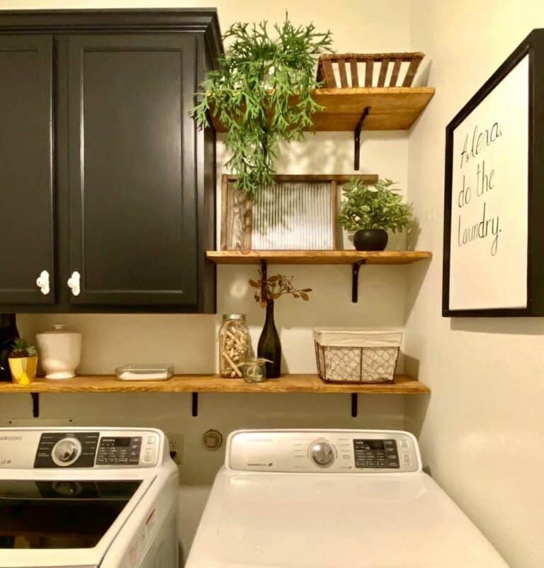 Stained Wood and Black Metal Laundry Shelves