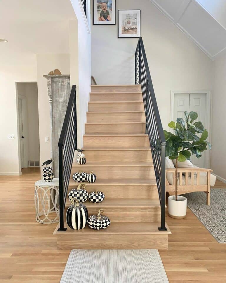 Stairs Decorated With Checkerboard Pumpkins