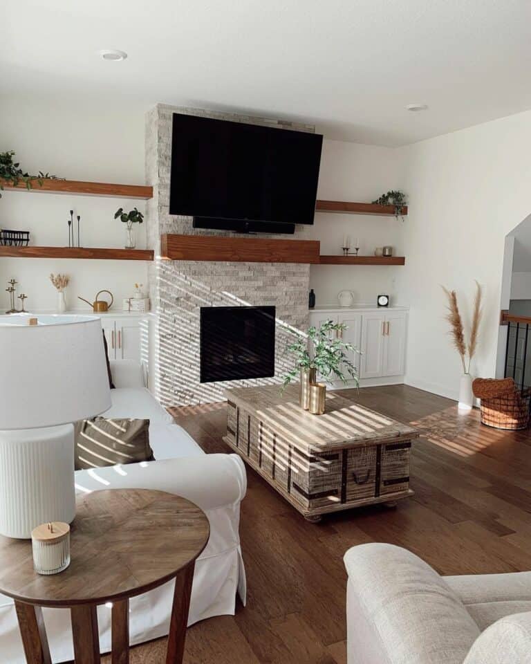 Stone Fireplace In Floating Shelf Living Room