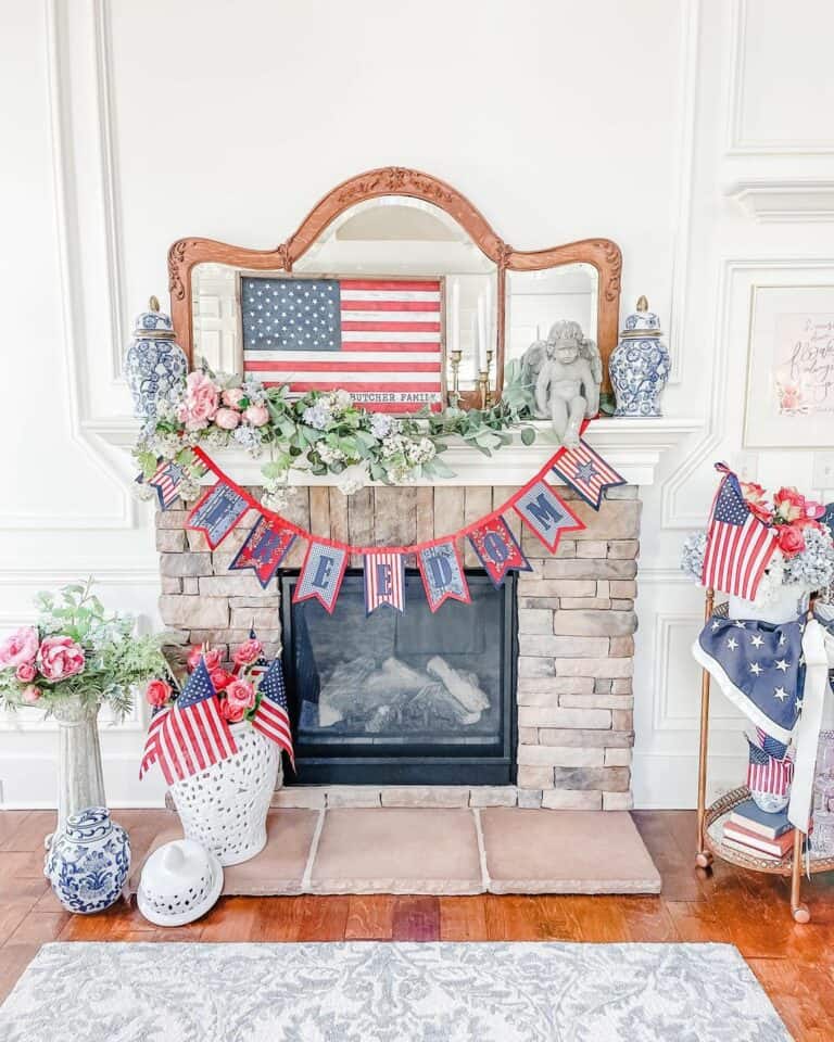 Stone Fireplace With 4th of July Decorations