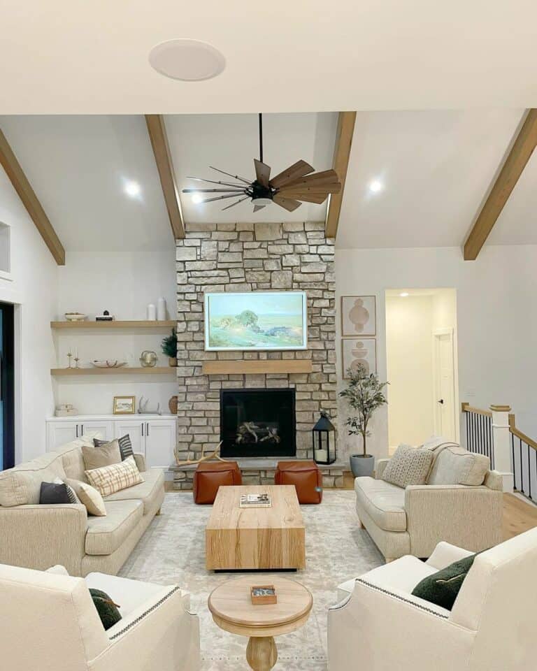 Stone Fireplace With Exposed Ceiling Beams