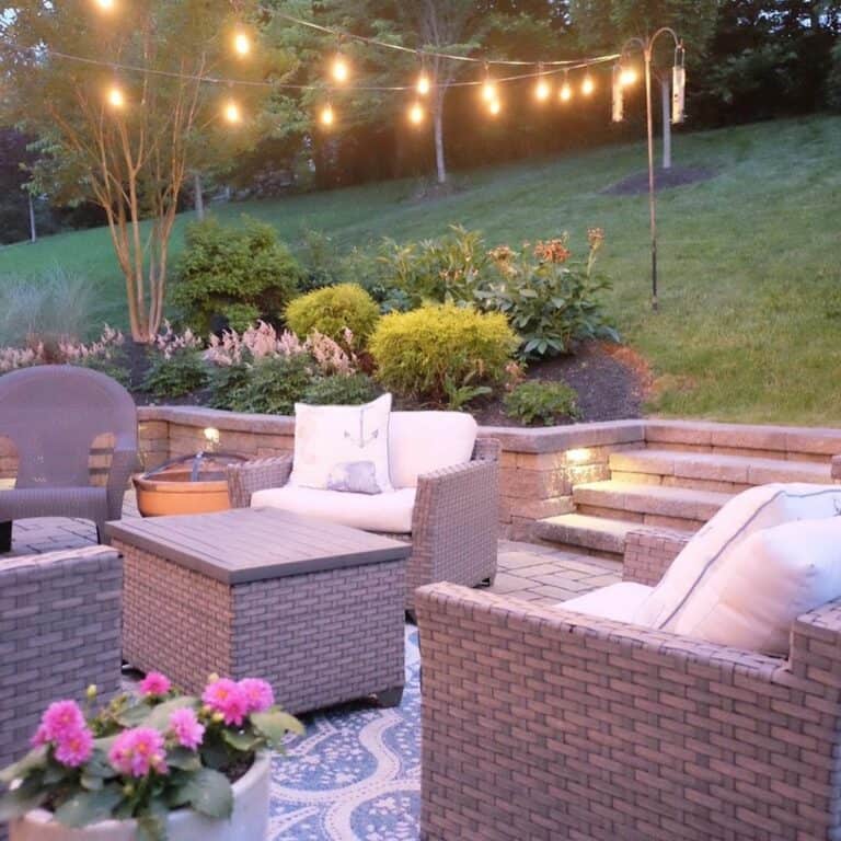 String Lights Above Wicker Patio Furniture