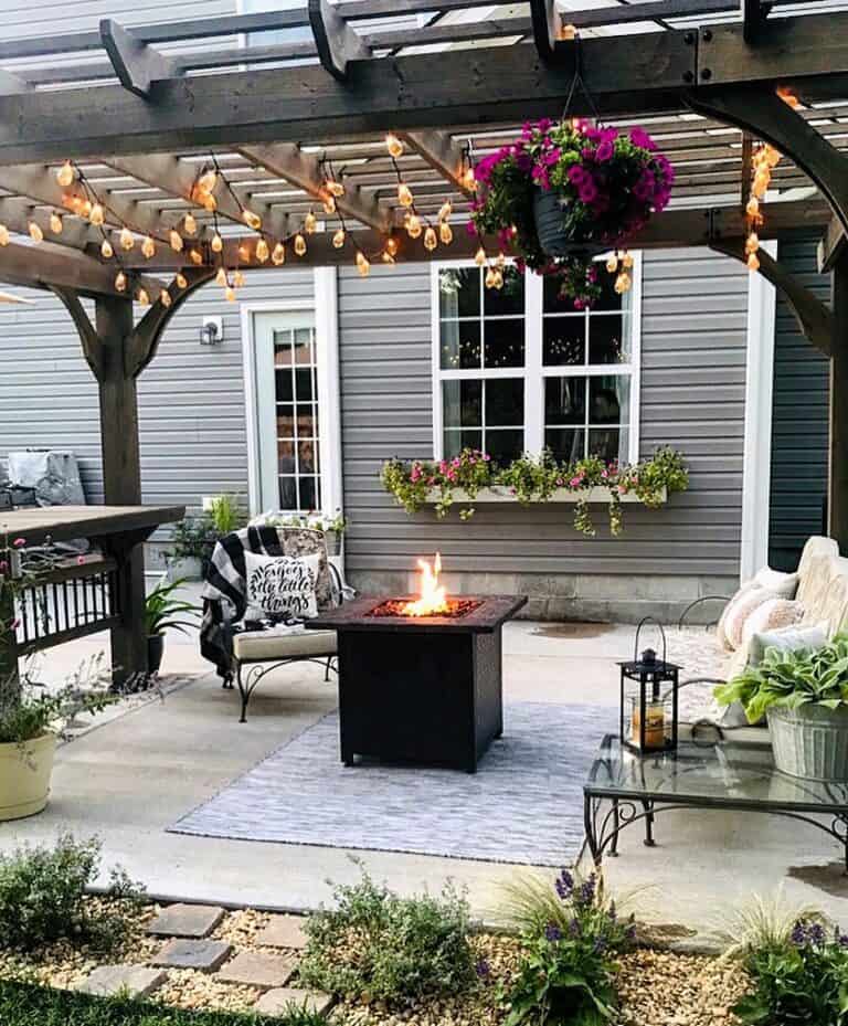 String Lights on Dark Brown Pergola