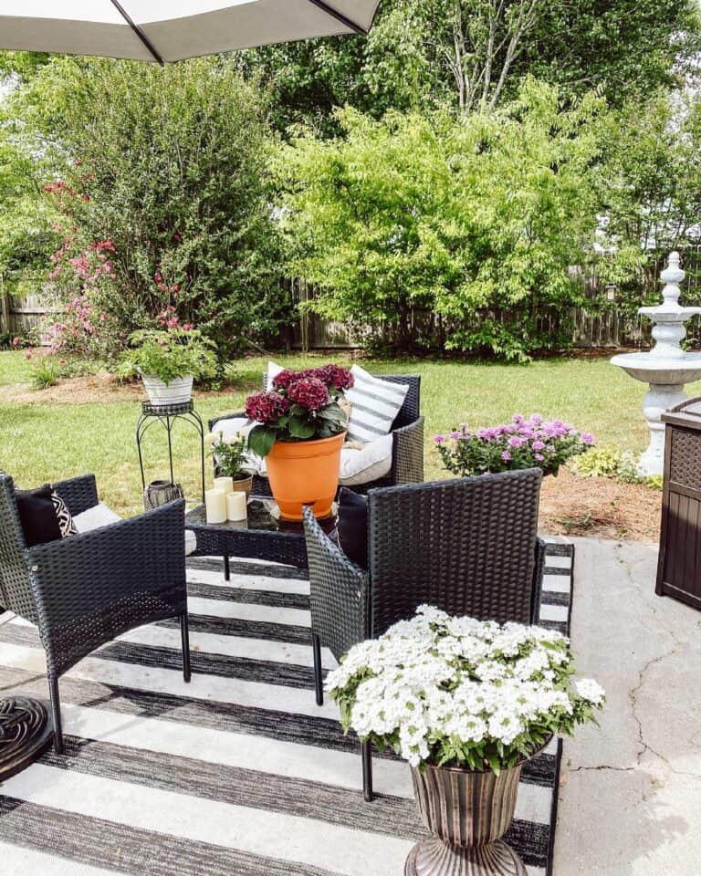 Striped Outdoor Rug and Black Wicker Furniture