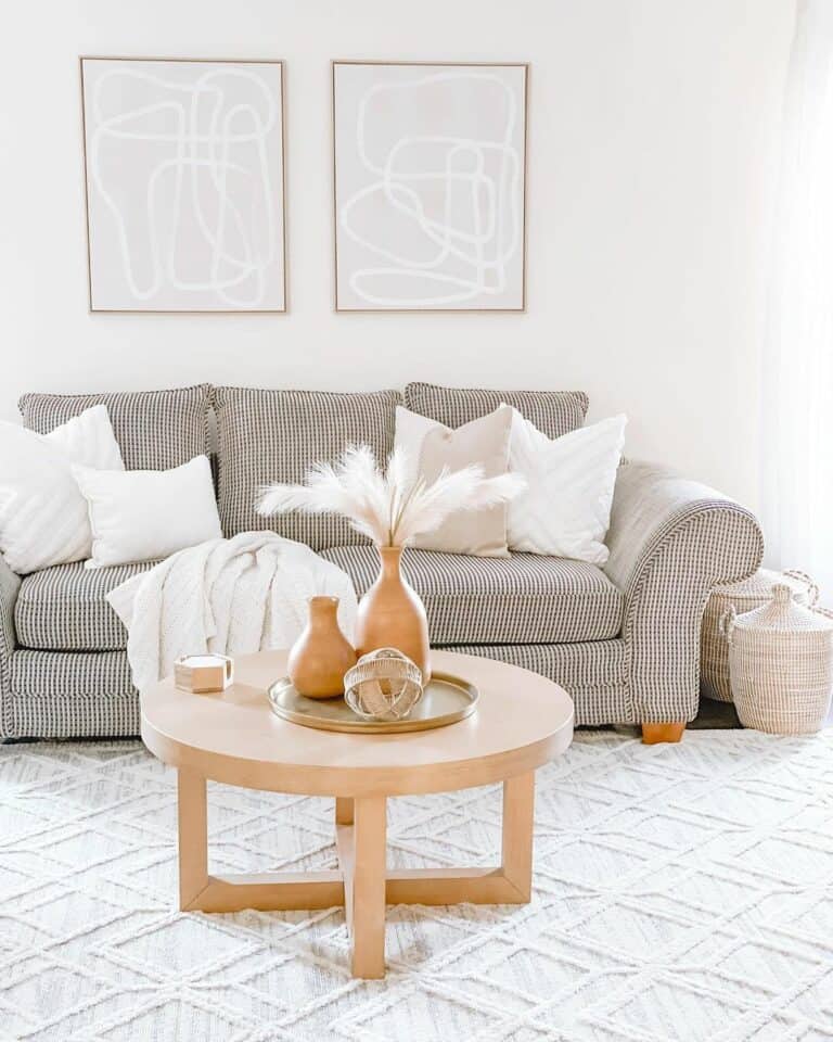 Striped Sofa Beside Light Wood Coffee Table