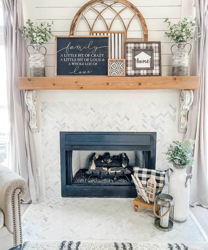 Stunning Chic Gray-tiled Farmhouse Fireplace