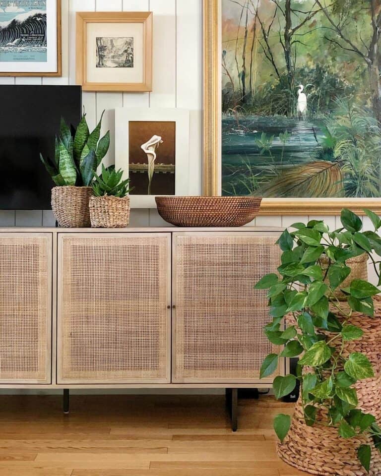 Tan Cane Sideboard for Living Room Storage