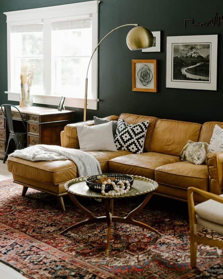 Tan Leather Couch and Brass Coffee Table