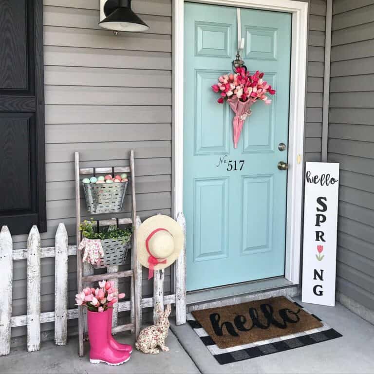 Teal Front Door With Pink Umbrella Wreath
