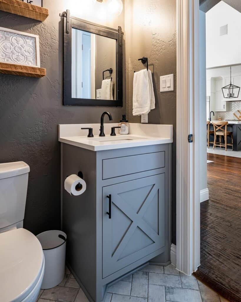 Textured Gray Walls and Herringbone Tile