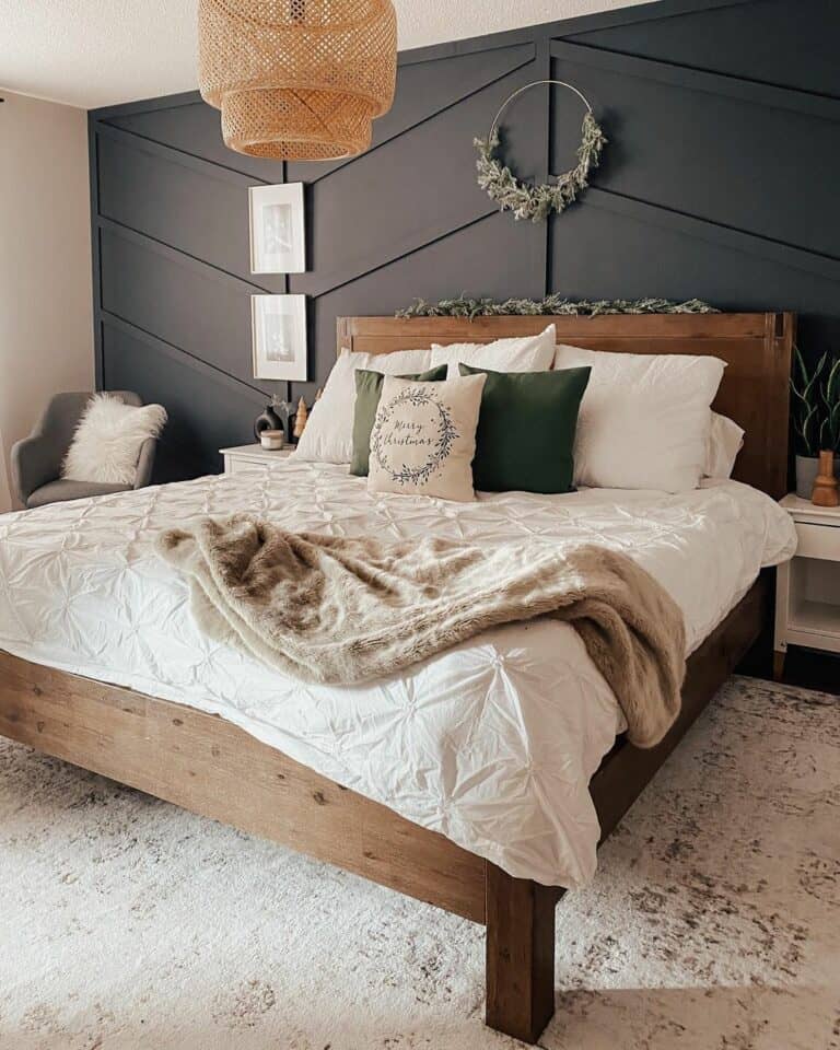 Textured White Bedding Paired with Dark Grey Paneled Bedroom Wall