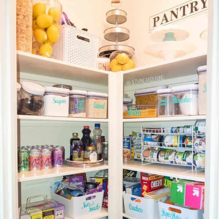 Tiered Trays on Corner Pantry Shelves