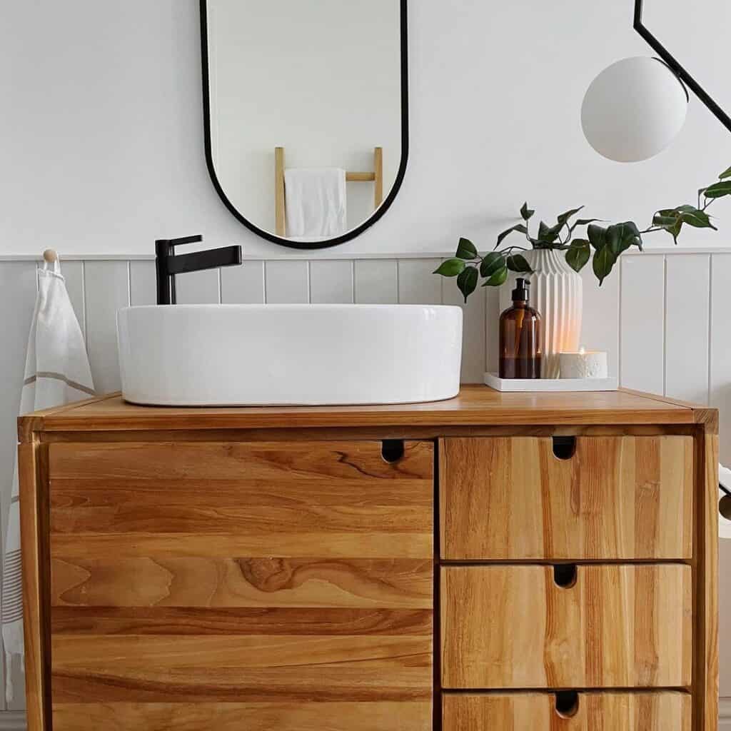 Timber Vanity With White Vessel Sink