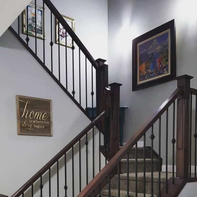 Traditional Staircase with Colorful Artwork