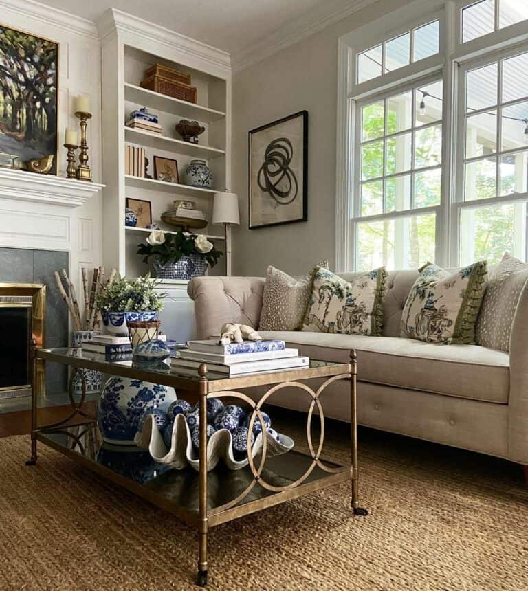 Tufted Sofa and Built-in Shelves