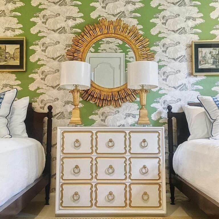 Twin Bedroom With Green Art Deco Wallpaper