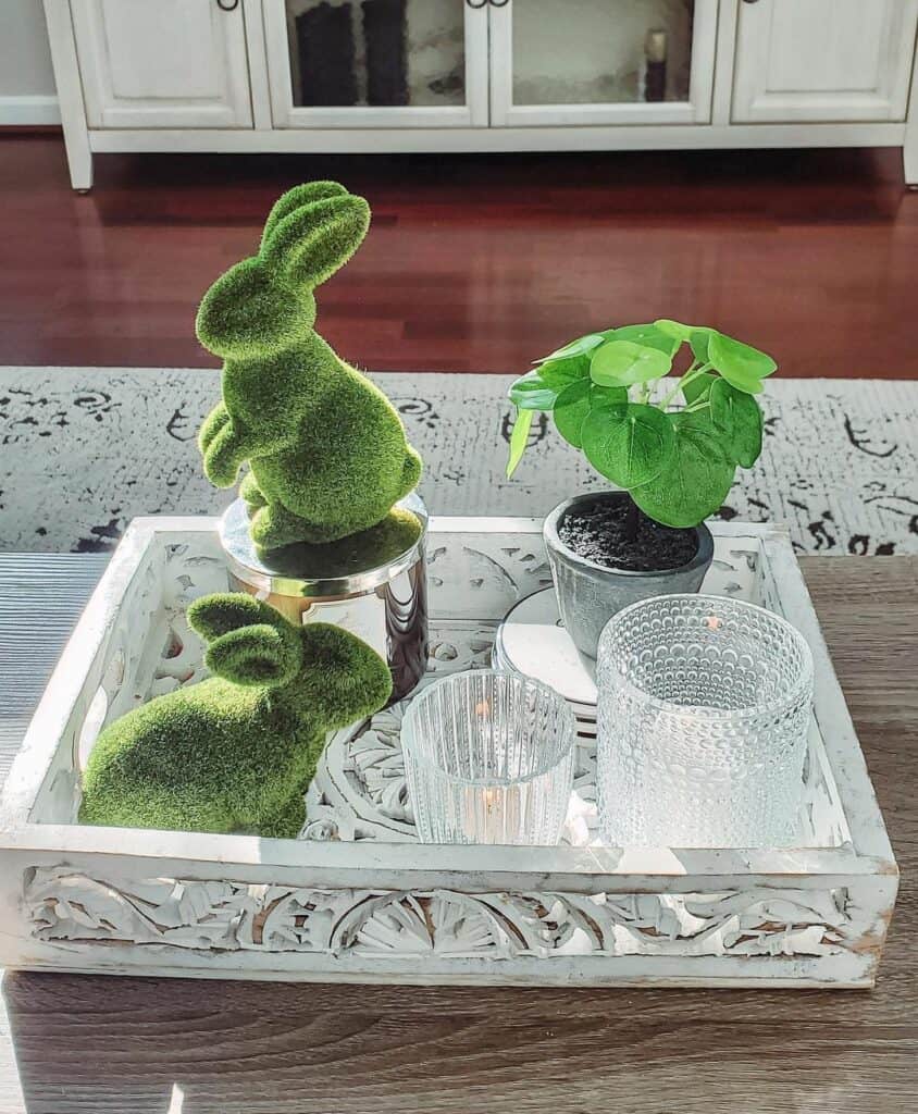 Two Mossy Green Rabbits and a Houseplant