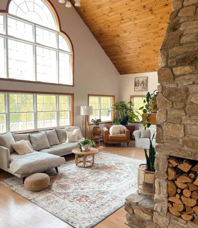 Two-story Living Room With Multi-tone Rug