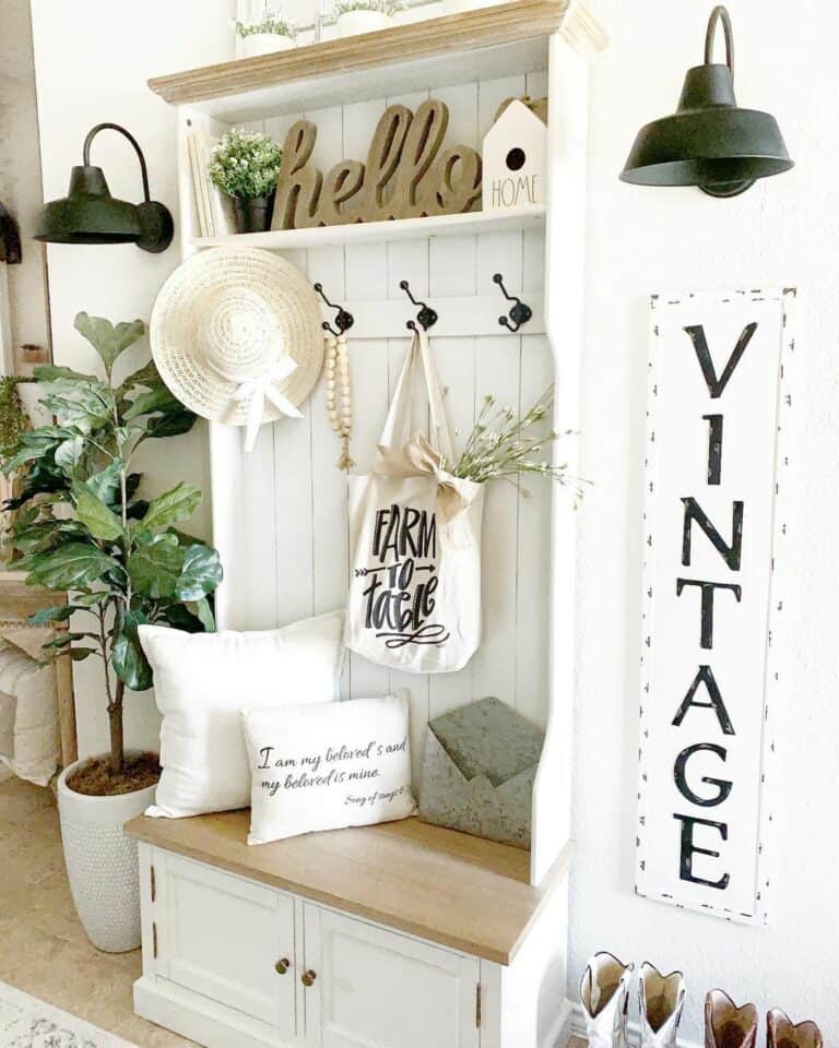 Two-toned White Hallway Tree With Bench
