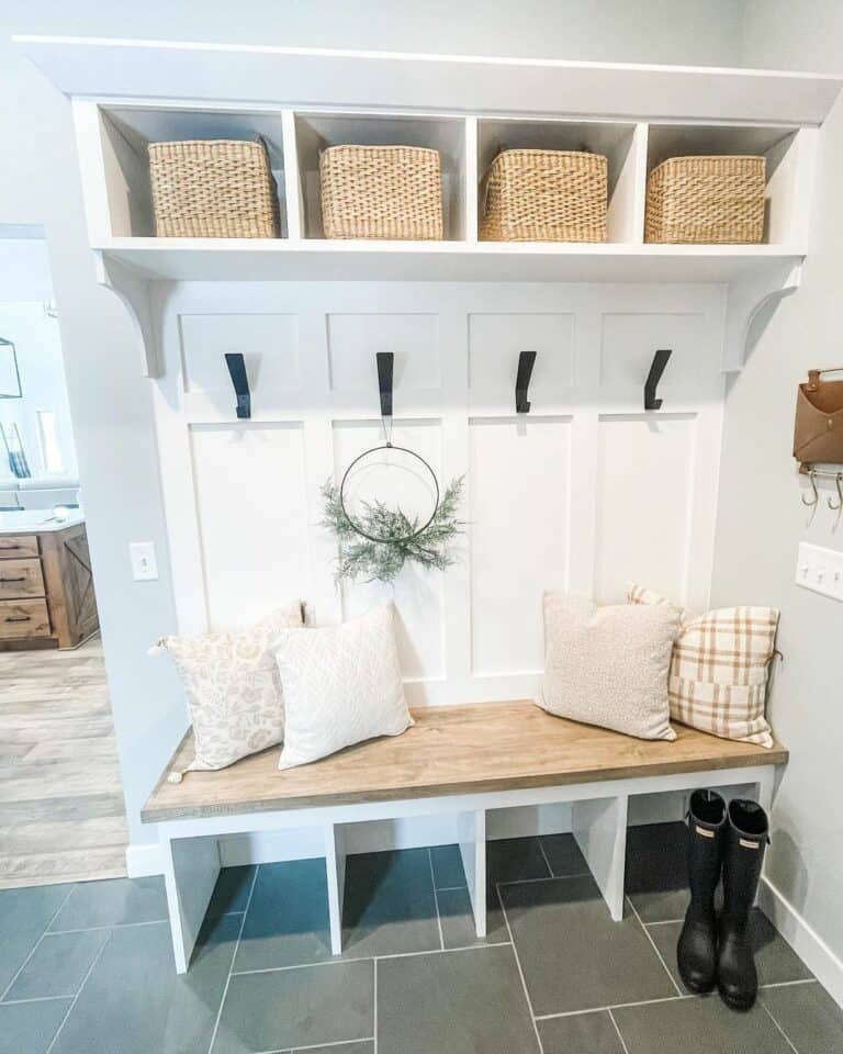 Two-toned White Mudroom With Black Hooks