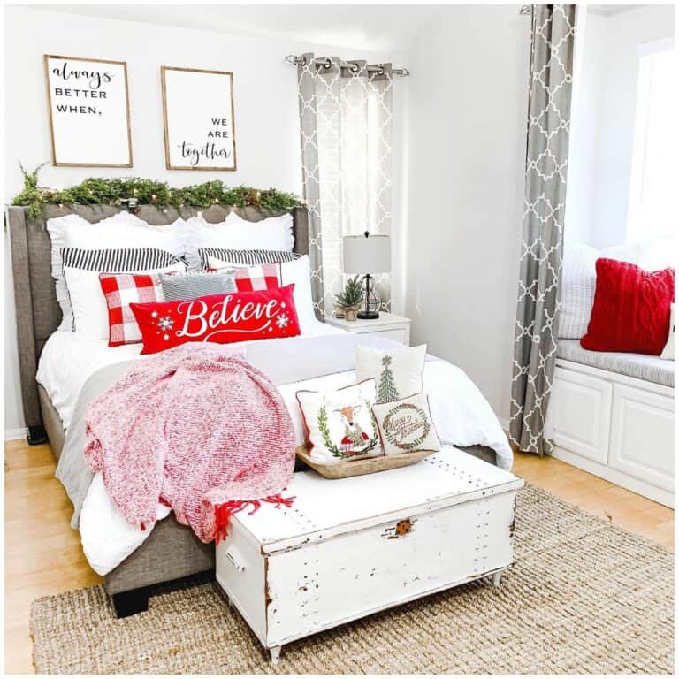 Upholstered Bed With Red Bedding