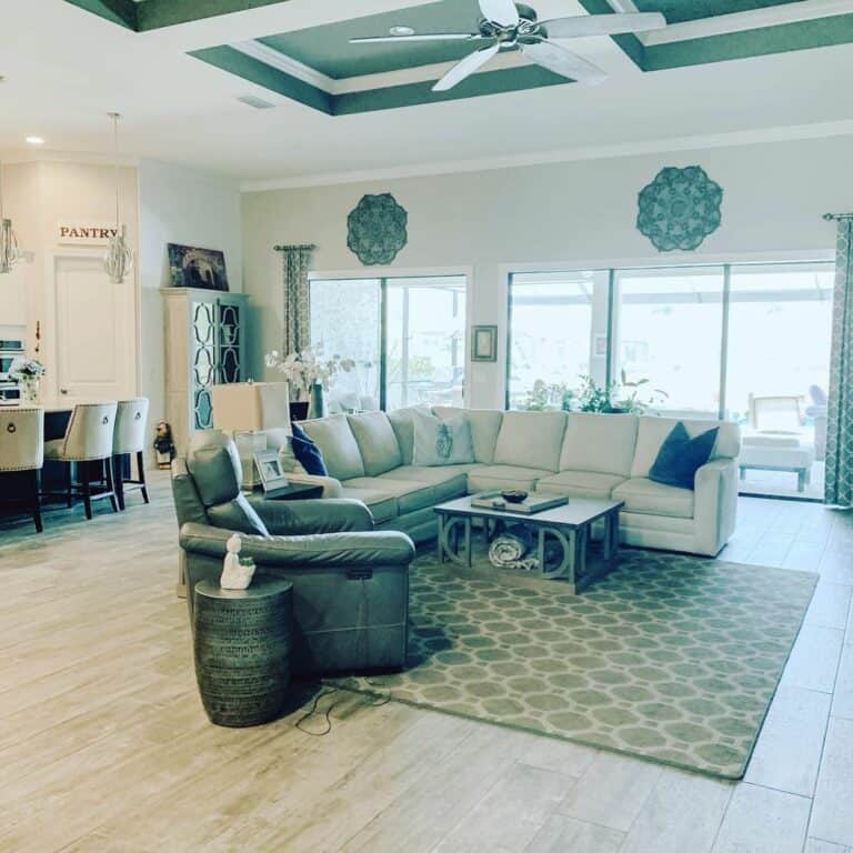 Vibrant Green and White Living Room Coffered Ceiling
