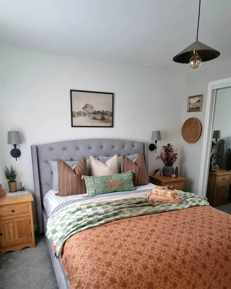 Vibrant Master Bedroom With Black Pendant Light