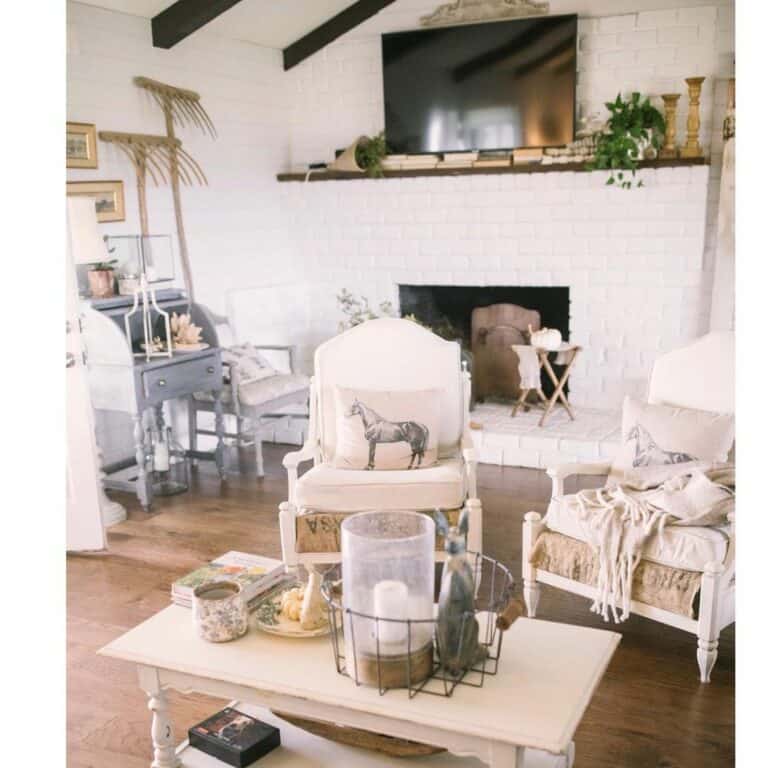 Vintage TV Room With White Brick Fireplace
