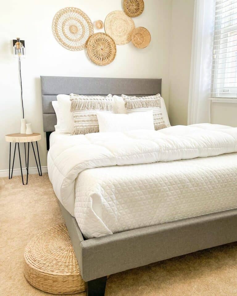 WIcker Décor Over Gray and White Bed