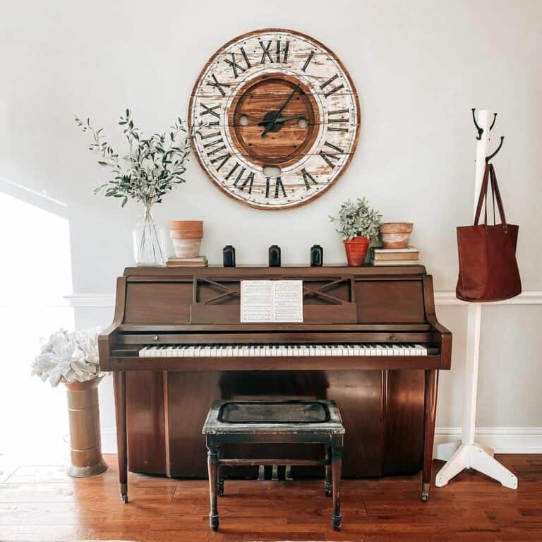 Warm Wood Farmhouse Piano With Rustic Accents