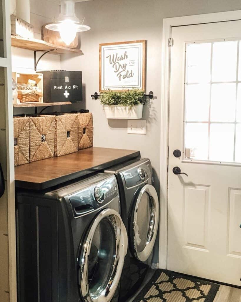 Washer and Dryer Beneath Wooden Countertop