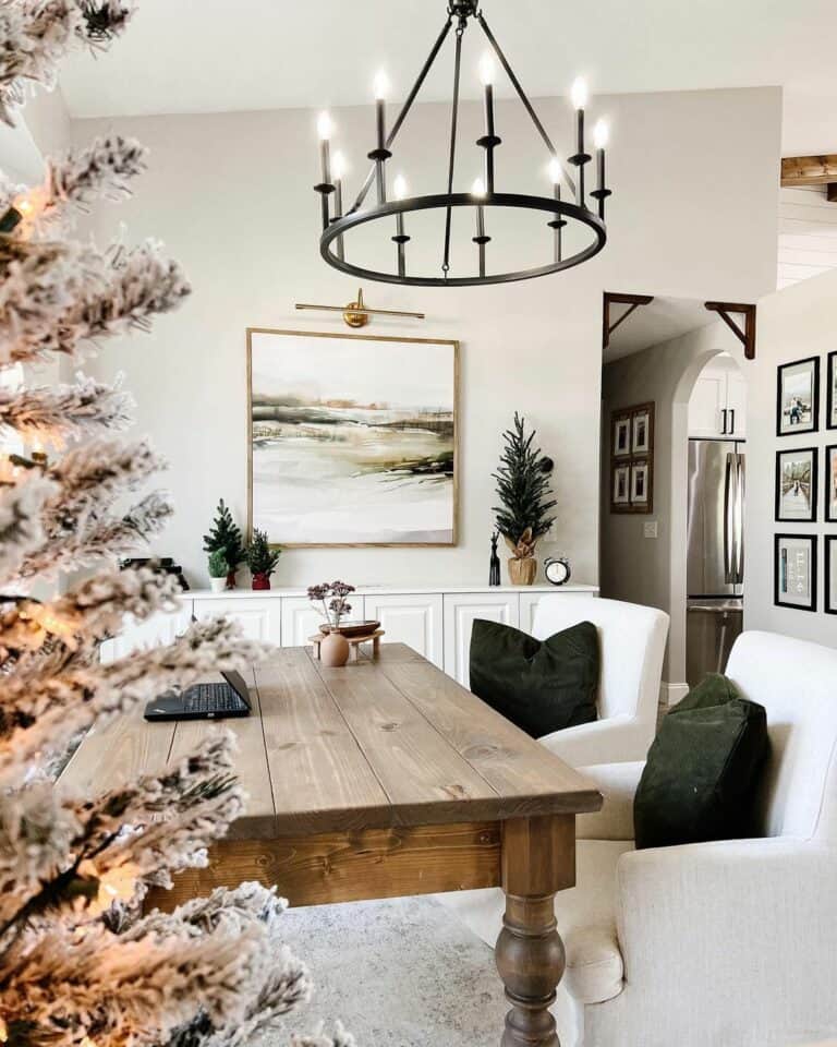 White Armchairs and a Solid Wood Table