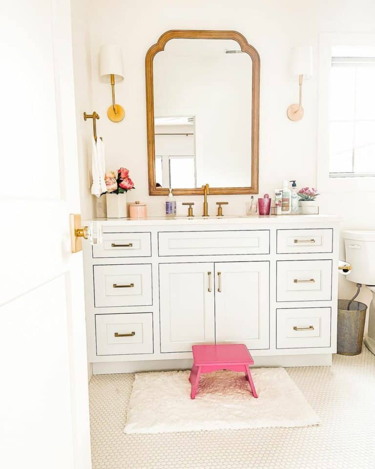 White Bathroom Vanity with Gold Mirror